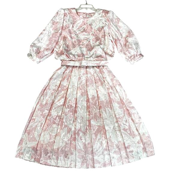 Vintage 80s Von Bramlett Pink Floral Metallic Secretary Dress Size Medium - Picture 1 of 10